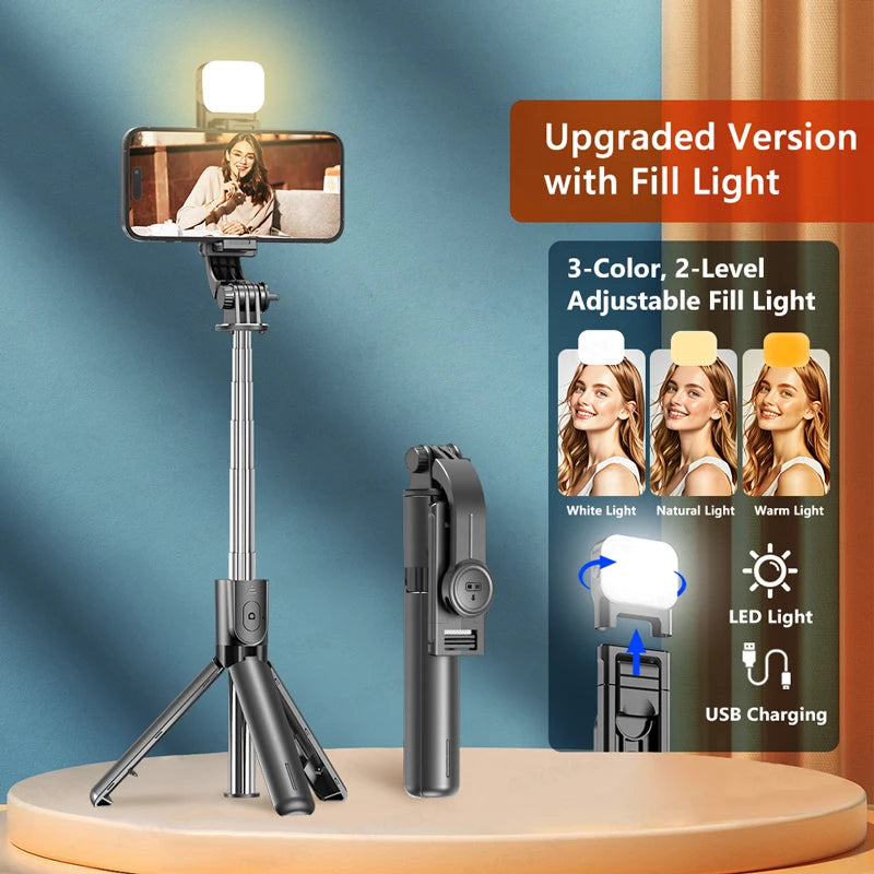 Selfie Stick Tripod 3in1 cu Telecomandă Bluetooth – Rotire 360°, Extensibil, cu Lumină LED pentru Poze & TikTok