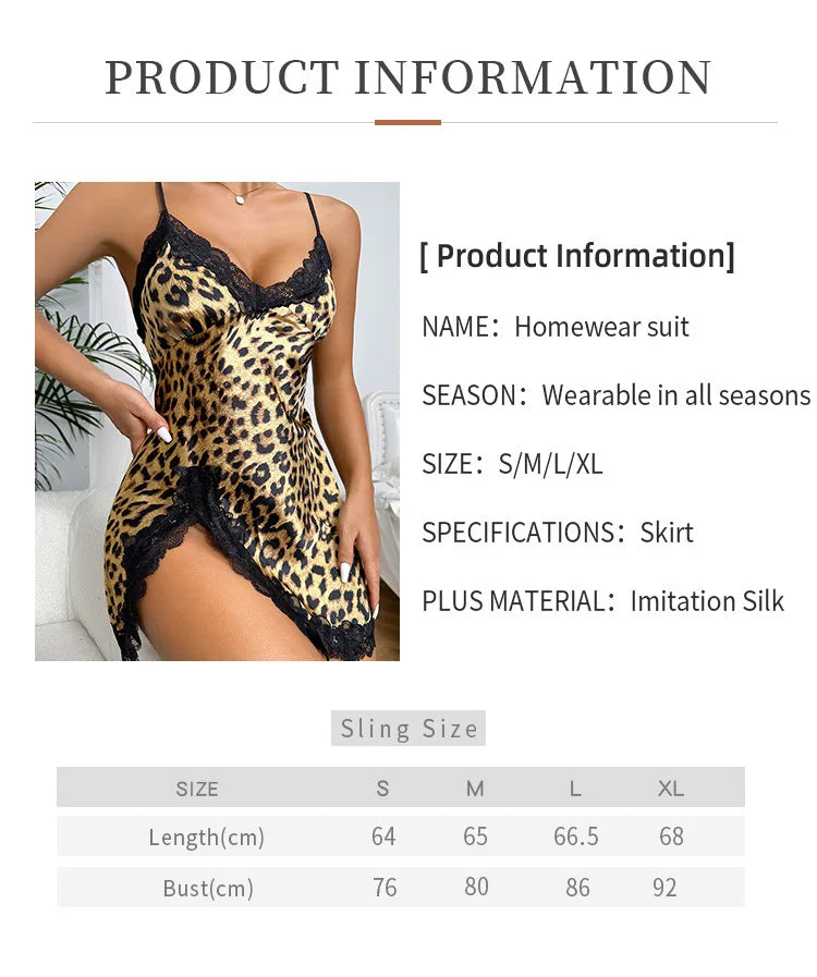 Cămașă de Noapte Leopard cu Dantelă – Rochie Elegantă pentru Femei, Design V-Neck