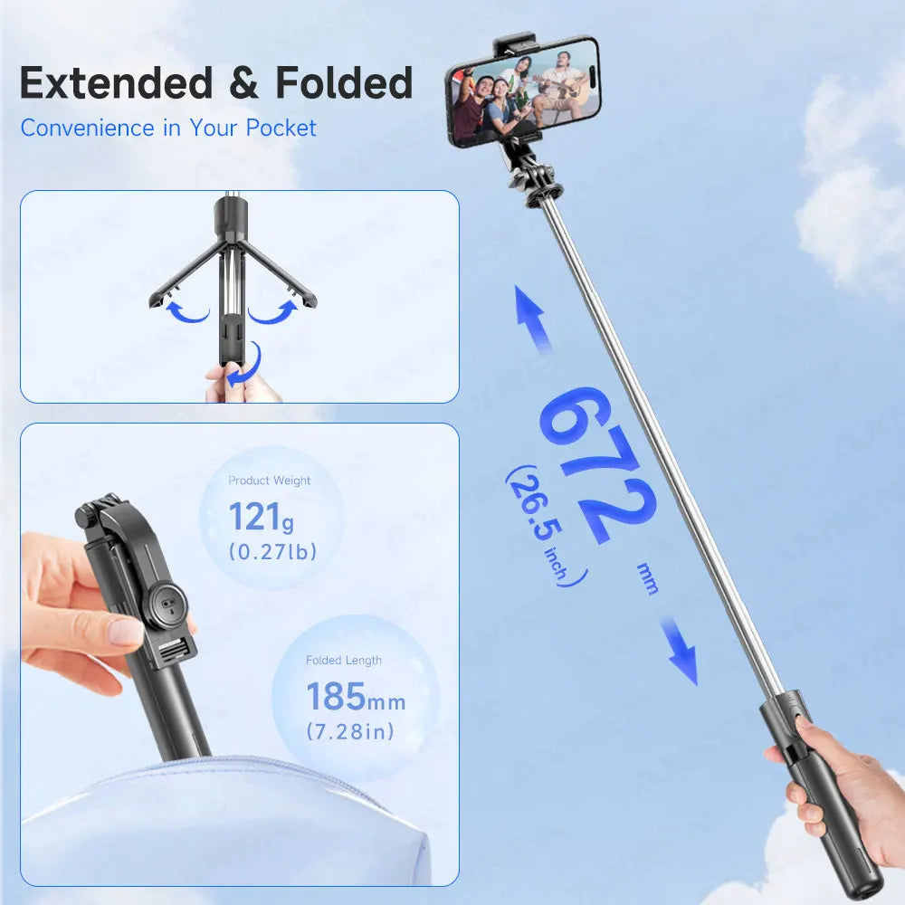 Selfie Stick Tripod 3in1 cu Telecomandă Bluetooth – Rotire 360°, Extensibil, cu Lumină LED pentru Poze & TikTok