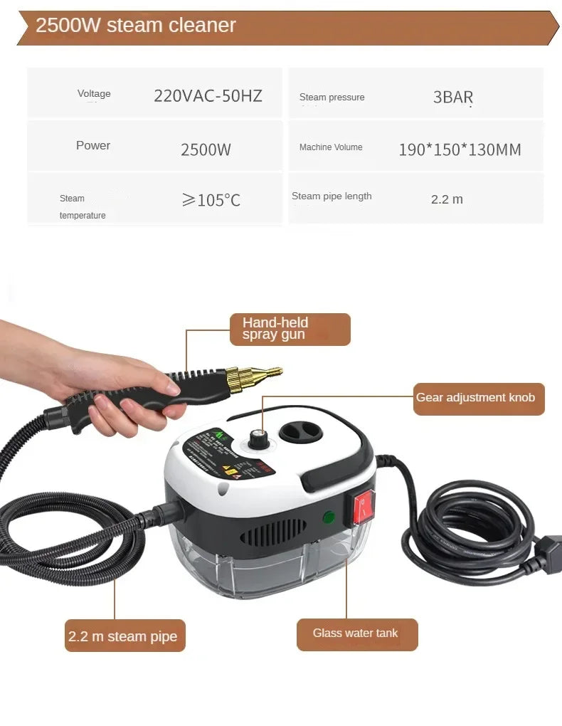Aparat de Curățare cu Abur 2500W – Curățare Profundă pentru Bucătărie, Baie, Mașină și Podele