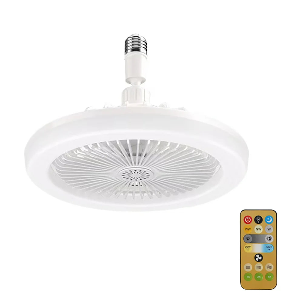 Ventilator 3in1 cu Lumină LED E27 – Rotativ, Telecomandă, Montaj Rapid în Becuri